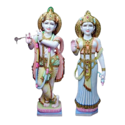 Painted White Marble Radha Krishna Statue
