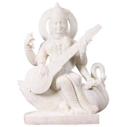 Painted White Marble Maa Saraswati ji Statue.